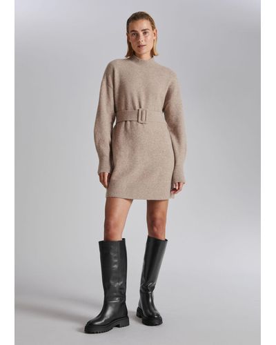 & Other Stories Belted Mini Knit Dress - Natural