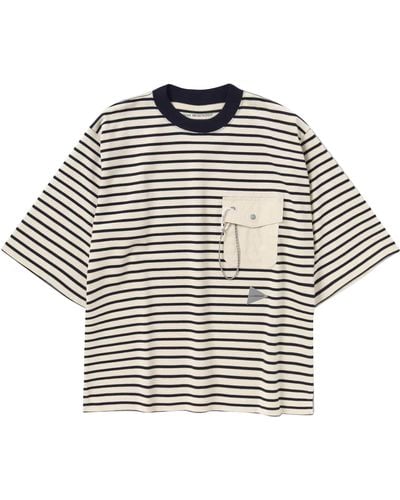 and wander Striped Short Sleeve Pocket T-shirt - White