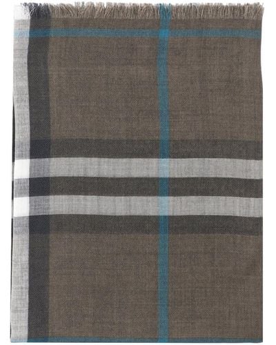 Burberry 'check' Wool And Silk Reversible Scarf - Grey
