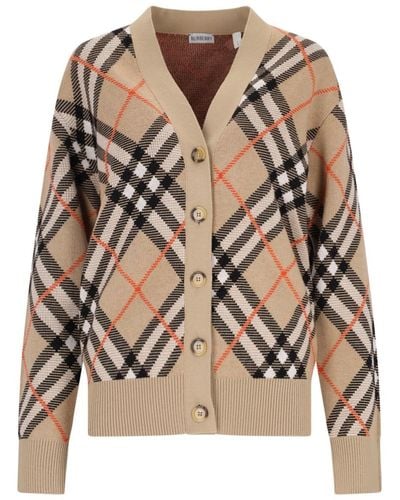 Burberry 'check' Wool Blend Cardigan - Natural