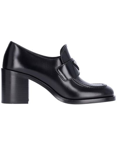 Prada Loafers With Leather Heels - Black