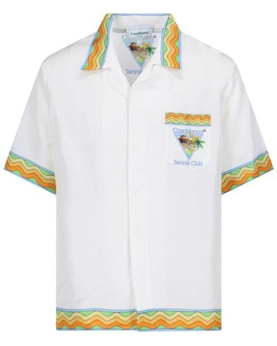 Casablanca Camicia In Seta "Afro Cubism Tennis Club" - Bianco