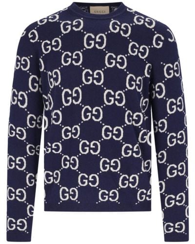 Gucci Monogram-pattern Ribbed-trim Wool Sweater - Blue