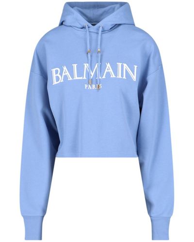 Balmain Logo Crop Hoodie - Blue