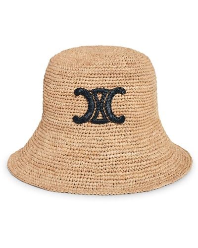 Celine Triomphe Bucket Hat In Natural Raffia / Black