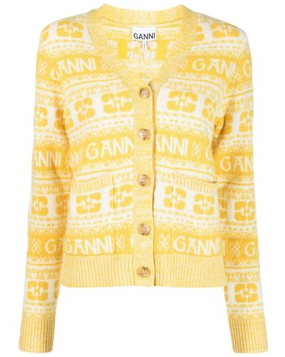 Ganni V-neck Knit Cardigan - Yellow