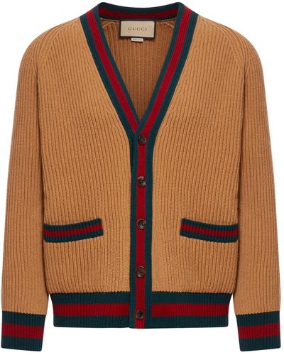 Gucci Knitted Wool Cardigan With Web Ribbon - Brown