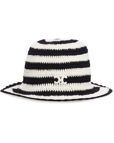 Celine Triomphe Striped Cloche Hat In Crochet Cotton - White