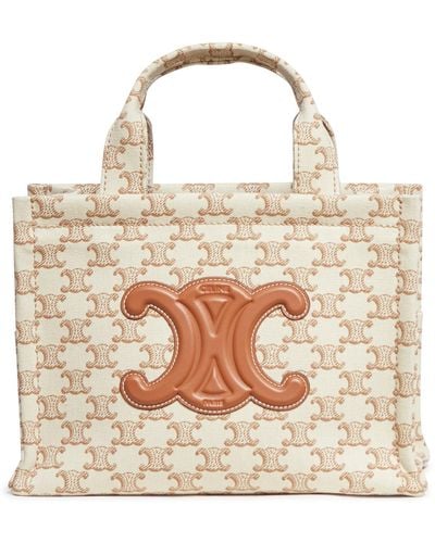 Celine Small Cabas Thais Bag In All-over Triomphe Fabric - Natural