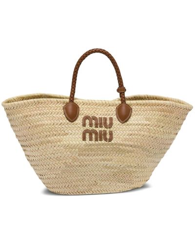 Miu Miu Natural/blue raffia and cotton shopping bag - ShopStyle