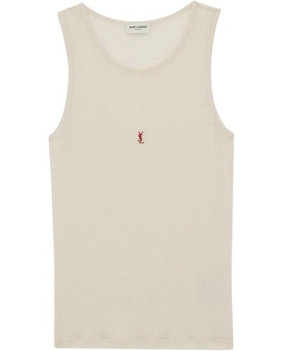 Saint Laurent Logo-Embroidered Ribbed Wool Tank - Natural