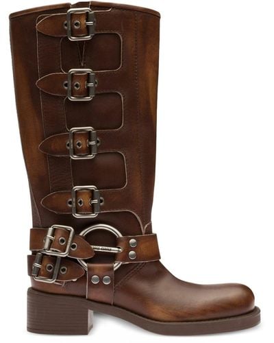 Miu Miu Studded Leather Knee-high Boots - Brown