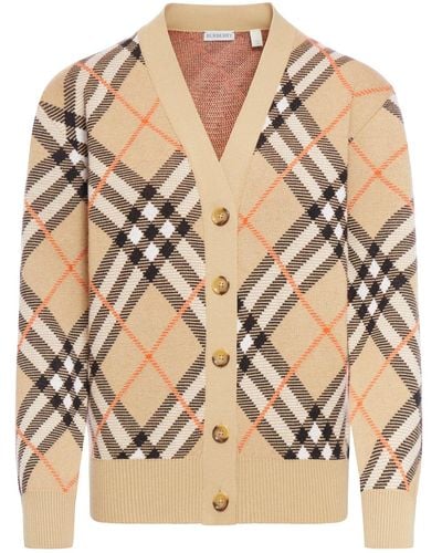 Burberry Cardigan With Check Print - Natural