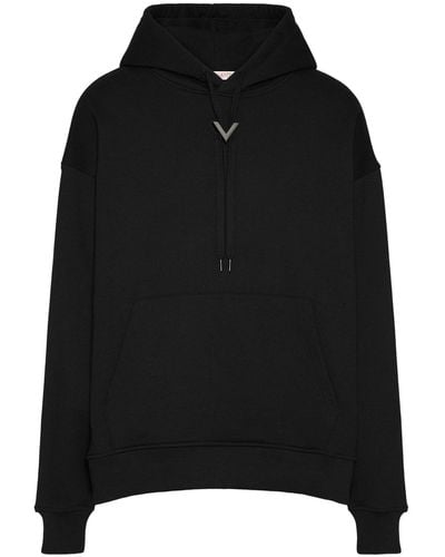 Valentino Garavani Cotton Sweatshirt With Hood And Metallic V Detail - Black