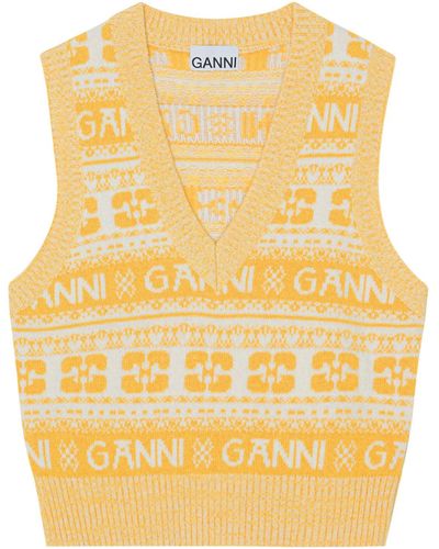 Ganni Logo Wool Mix Vest - Yellow