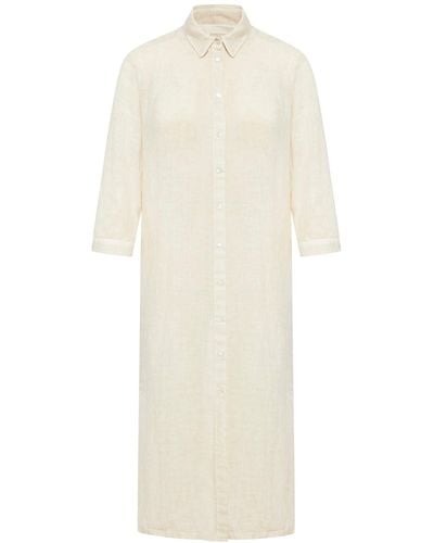 120% Lino Long Dress With Buttons - White