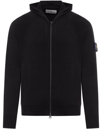 Stone Island Jumper With Hood And Zip - Black