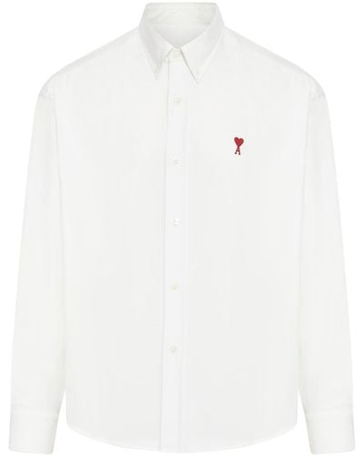 Ami Paris Button Down Shirt Ami De Coeur In Striped Cotton Oxford. - White