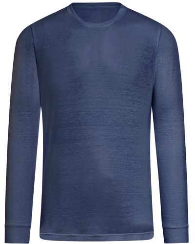 120% Lino Long Sleeves Linen Tshirt - Blue