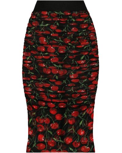 Dolce & Gabbana Cherry-print tulle midi skirt with branded elastic and draping - Rosso