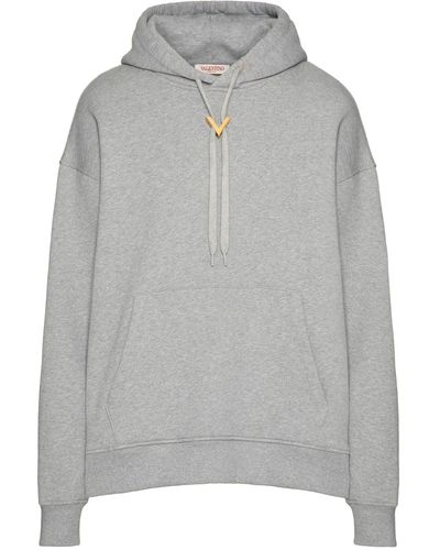 Valentino Garavani Cotton Sweatshirt With Hood And Metallic V Detail - Grey