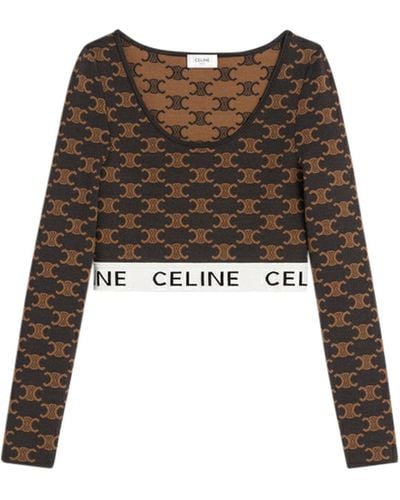 Celine Crop Top In Cotton And Silk With Brown Monogram - Black