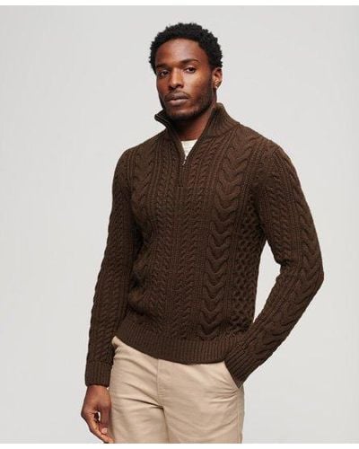 Superdry Vintage Jacob Cable Knit Half Zip Sweater - Brown