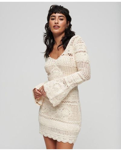 Superdry Crochet Flared Sleeve Mini Dress - Natural
