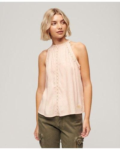 Superdry Lace Sleeveless High Neck Top - Natural