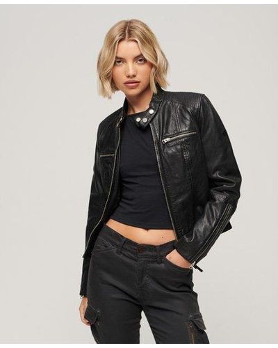 Superdry Fitted Leather Racer Jacket - Black