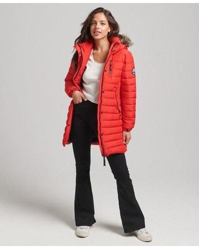 Superdry Doudoune mi-longue à capuche avec fausse fourrure - Rouge