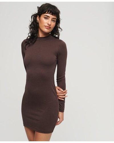 Superdry High Neck Long Sleeve Jersey Mini Dress - Brown
