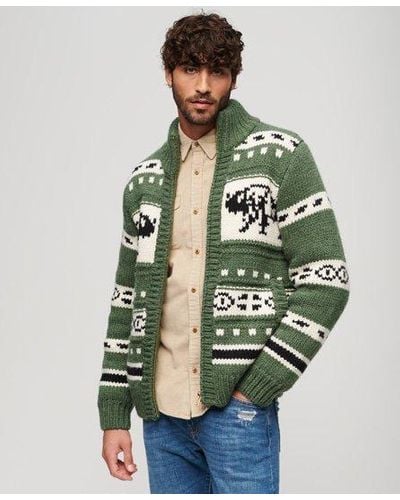 Superdry Chunky Knit Patterned Zip Through Cardigan - Green