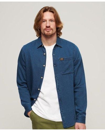 Superdry Lightweight Herringbone Organic Cotton Long Sleeve Denim Shirt - Blue