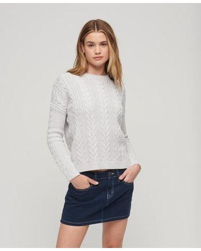Superdry Dropped Shoulder Cable Crew Jumper - White