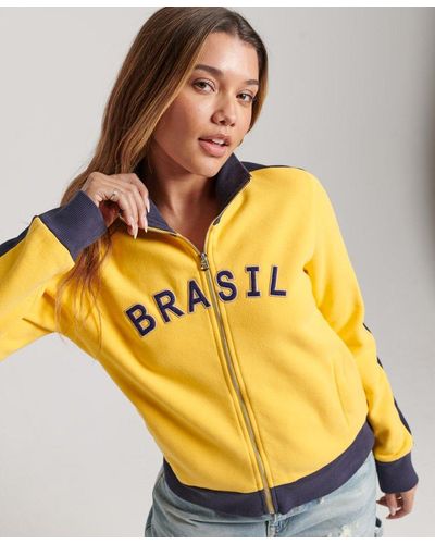 Superdry Ladies Classic Stripe Ringspun Football Brazil Track Top, Yellow And Navy Blue,