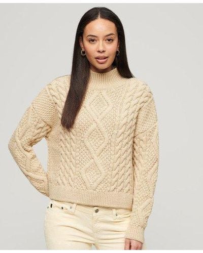 Superdry Aran Cable Knit Polo Jumper - Natural
