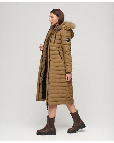 Superdry Faux Fur Hooded Longline Light Padded Puffer Coat - Natural