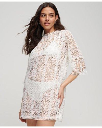 Superdry Beach Cover Up Lace Mini Dress - Natural