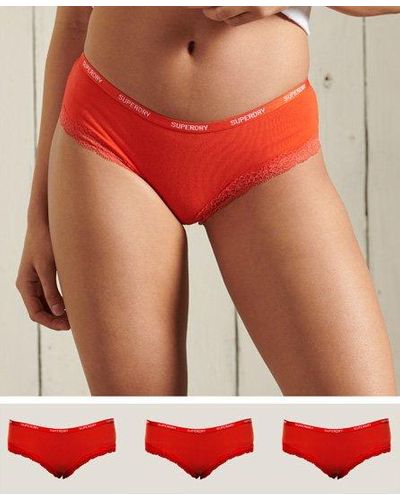Superdry Organic Cotton Lace Trim Briefs 3 Pack - Red