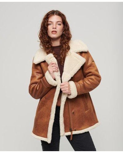 Superdry Faux Shearling Mid Jacket - Brown