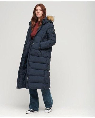 Superdry Faux Fur Hooded Longline Puffer Coat - Blue