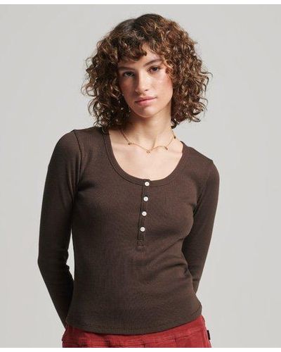 Superdry Ladies Classic Vintage Button Down Long Sleeve Top - Brown