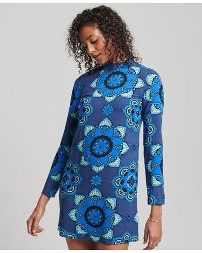 Superdry Long Sleeve Printed Mini Dress - Blue