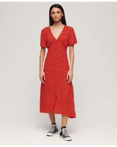 Superdry Printed Button-up Short Sleeve Midi Tea Dress - Red