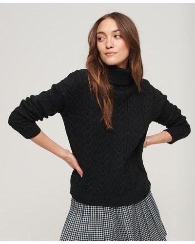 Superdry Drop Shoulder Cable Roll Neck Sweater - Black