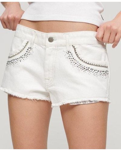 Superdry Diamante Embellished Denim Shorts - White