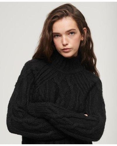 Superdry High Neck Cable Knit Sweater - Black