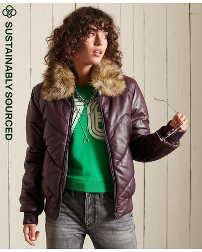 Superdry Heritage Leather Puffer Jacket Purple / Aubergine