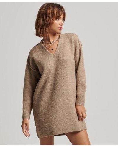 Superdry Knitted V Neck Sweater Dress - Brown